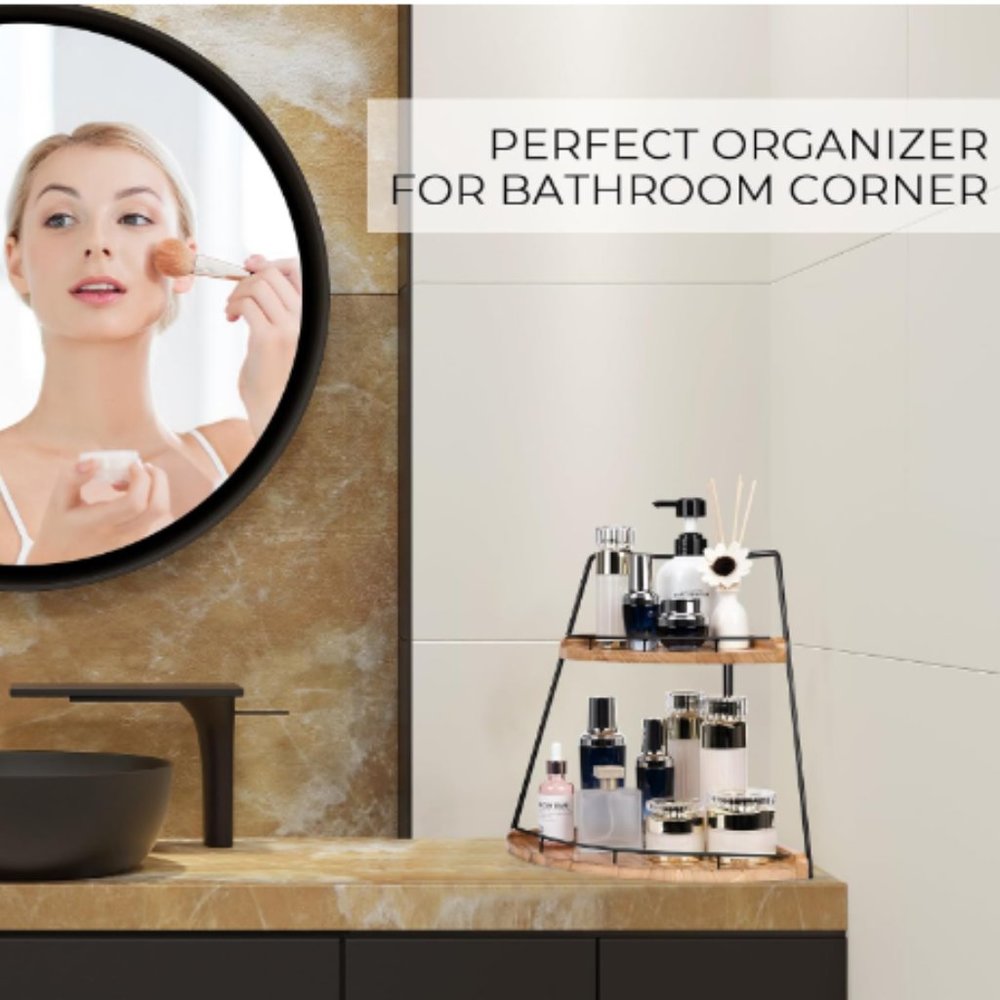 2-Tier Wooden Corner Organizer - Bathroom/ Kitchen/ Vanity Corner Shelf Storage - Picture 4 of 11